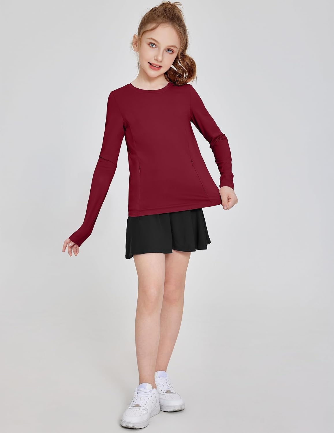 image:imageZaclotre Girls Athletic Long Sleeve Shirts with Zipper Pockets Performance fit for kids sports gym and outdoor activities Activewear tops Features breathability and moisture wickingDeep Burgundy