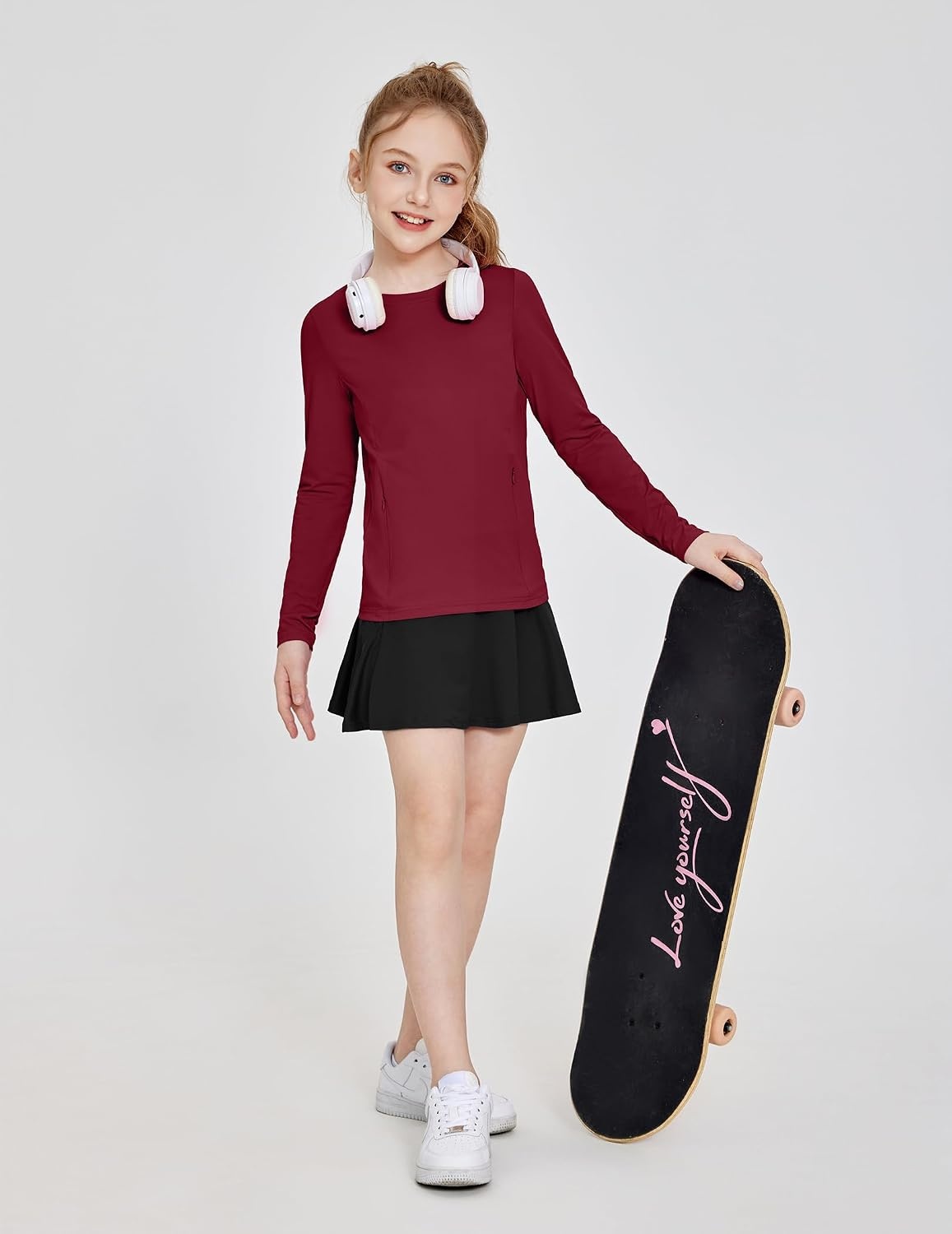 image:imageZaclotre Girls Athletic Long Sleeve Shirts with Zipper Pockets Performance fit for kids sports gym and outdoor activities Activewear tops Features breathability and moisture wickingDeep Burgundy