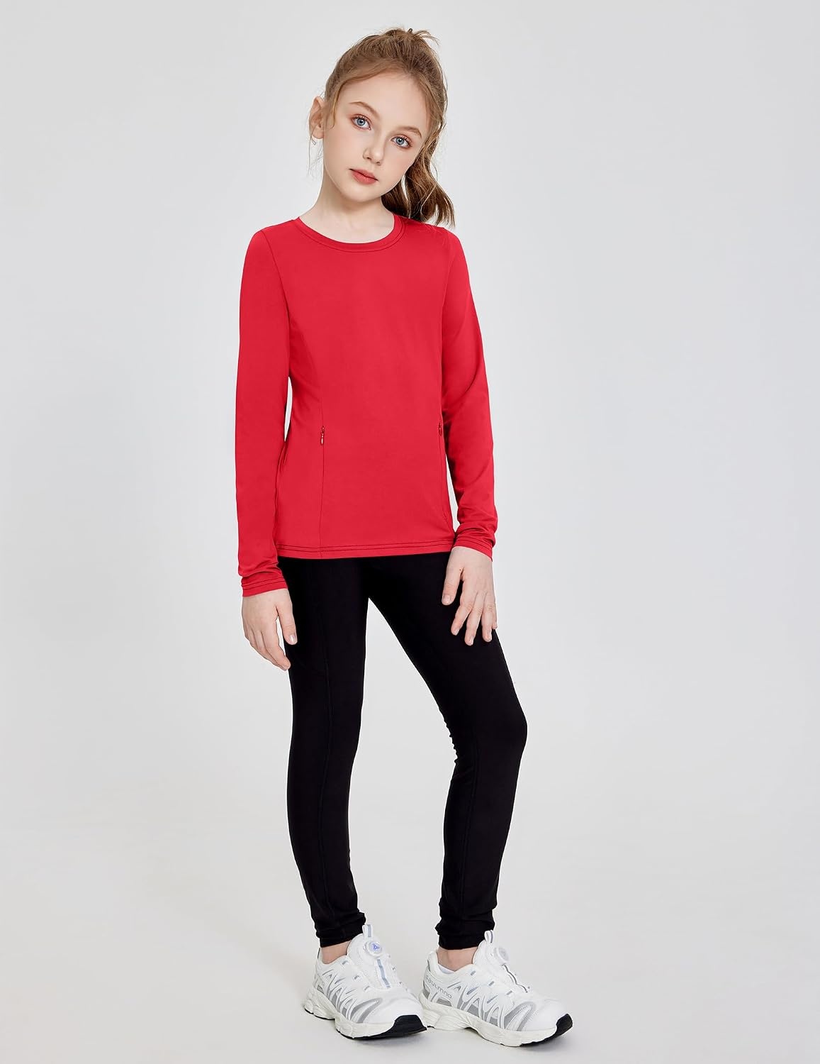 image:imageZaclotre Girls Athletic Long Sleeve Shirts with Zipper Pockets Performance fit for kids sports gym and outdoor activities Activewear tops Features breathability and moisture wickingRed