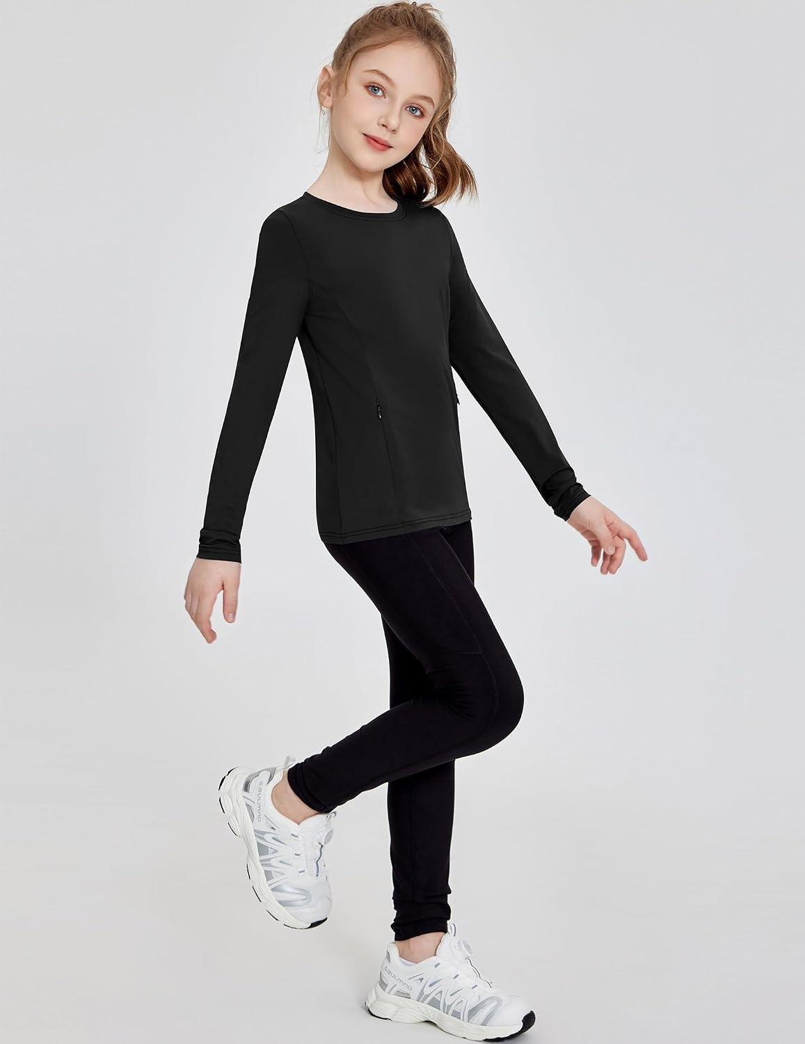 image:imageZaclotre Girls Athletic Long Sleeve Shirts with Zipper Pockets Performance fit for kids sports gym and outdoor activities Activewear tops Features breathability and moisture wickingBlack