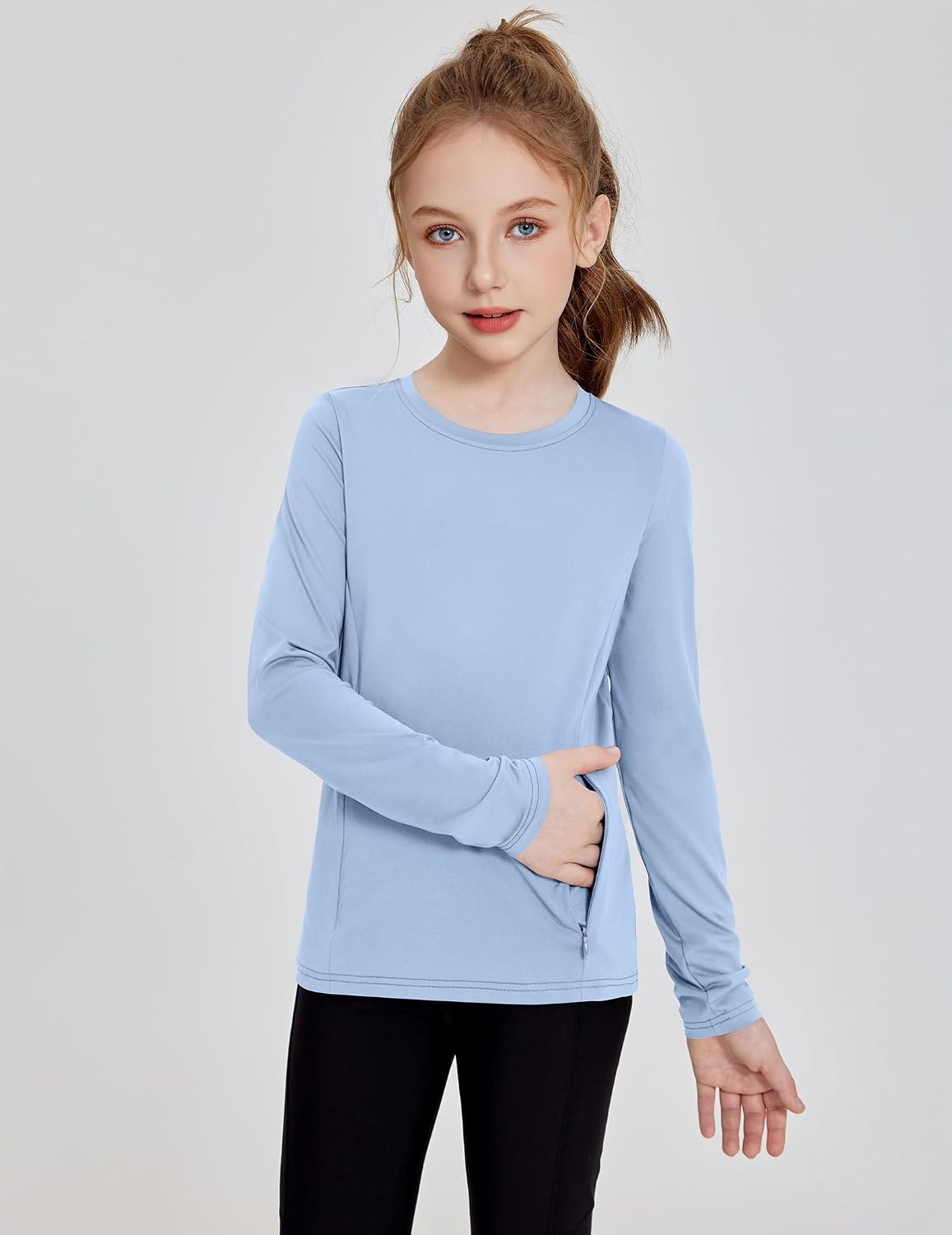image:imageZaclotre Girls Athletic Long Sleeve Shirts with Zipper Pockets Performance fit for kids sports gym and outdoor activities Activewear tops Features breathability and moisture wickingLight Blue