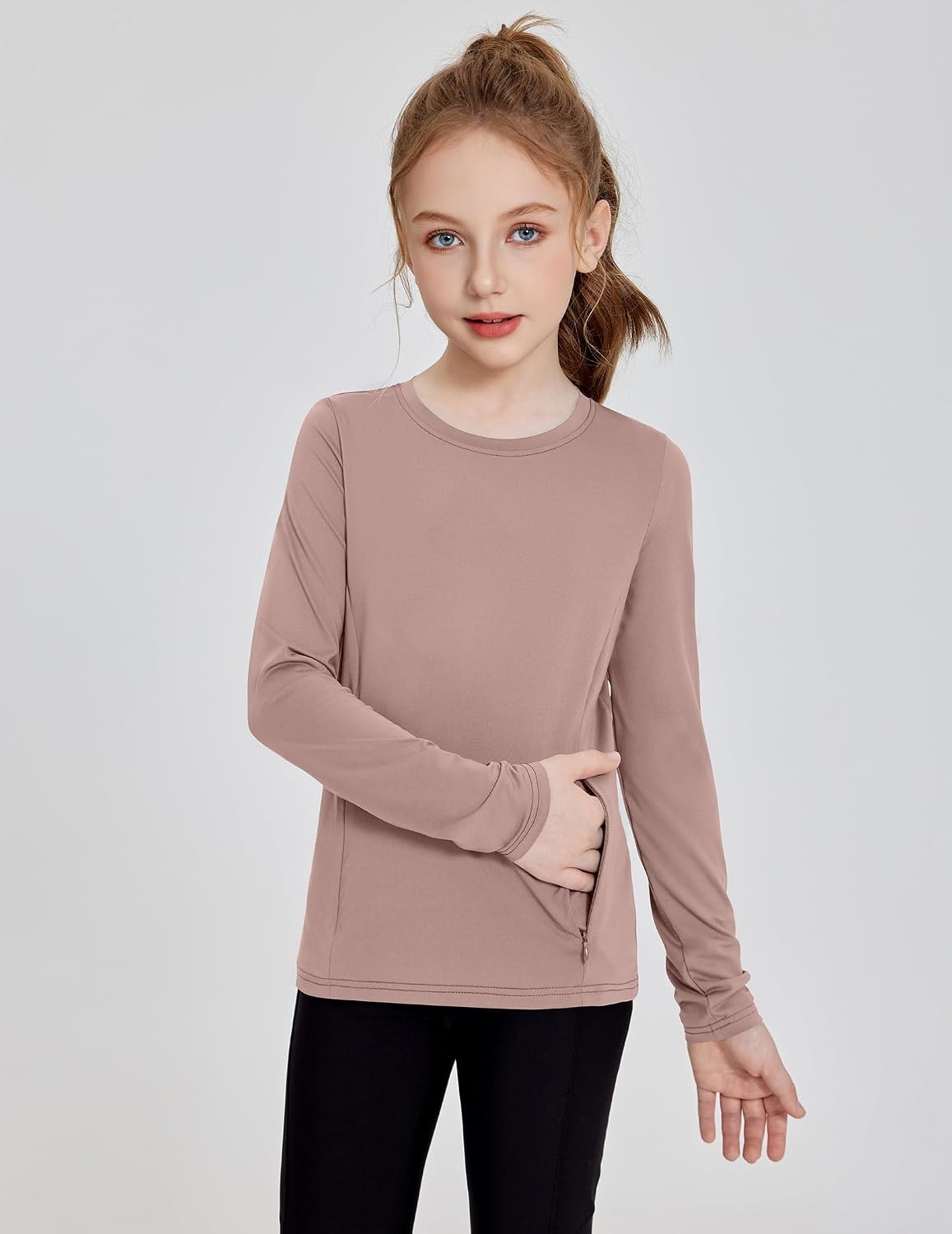 image:imageZaclotre Girls Athletic Long Sleeve Shirts with Zipper Pockets Performance fit for kids sports gym and outdoor activities Activewear tops Features breathability and moisture wickingKhaki