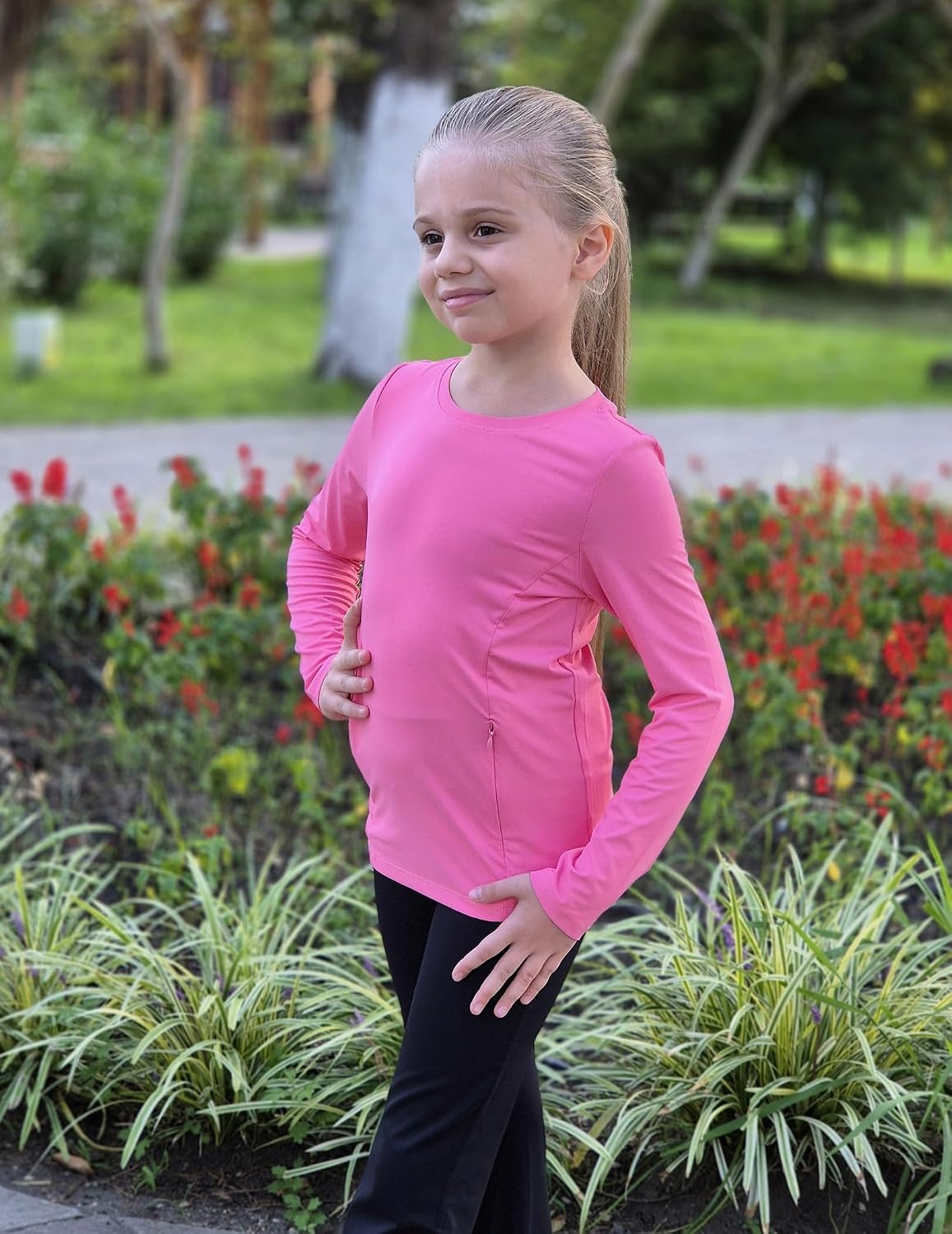 image:imageZaclotre Girls Athletic Long Sleeve Shirts with Zipper Pockets Performance fit for kids sports gym and outdoor activities Activewear tops Features breathability and moisture wickingRose Pink