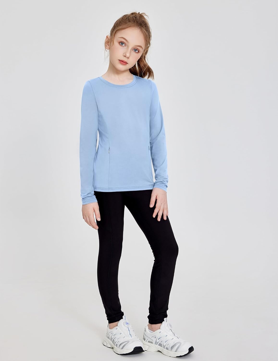 image:imageZaclotre Girls Athletic Long Sleeve Shirts with Zipper Pockets Performance fit for kids sports gym and outdoor activities Activewear tops Features breathability and moisture wickingLight Blue