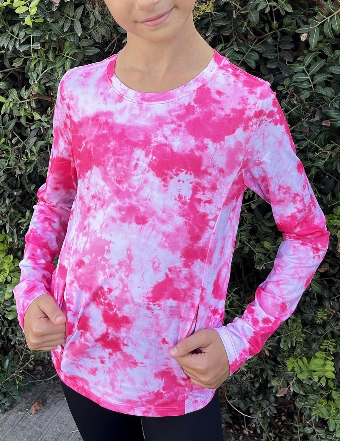 image:imageZaclotre Girls Athletic Long Sleeve Shirts with Zipper Pockets Performance fit for kids sports gym and outdoor activities Activewear tops Features breathability and moisture wickingRose Tie Dye