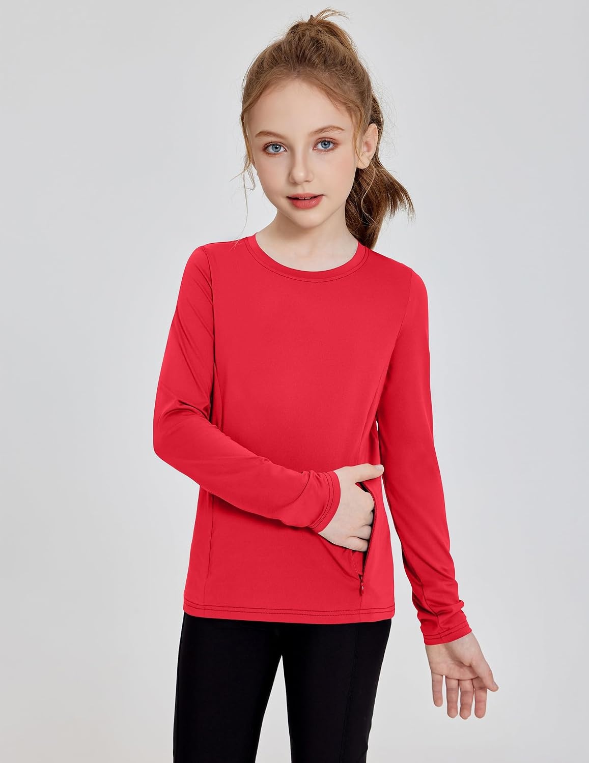 image:imageZaclotre Girls Athletic Long Sleeve Shirts with Zipper Pockets Performance fit for kids sports gym and outdoor activities Activewear tops Features breathability and moisture wickingRed