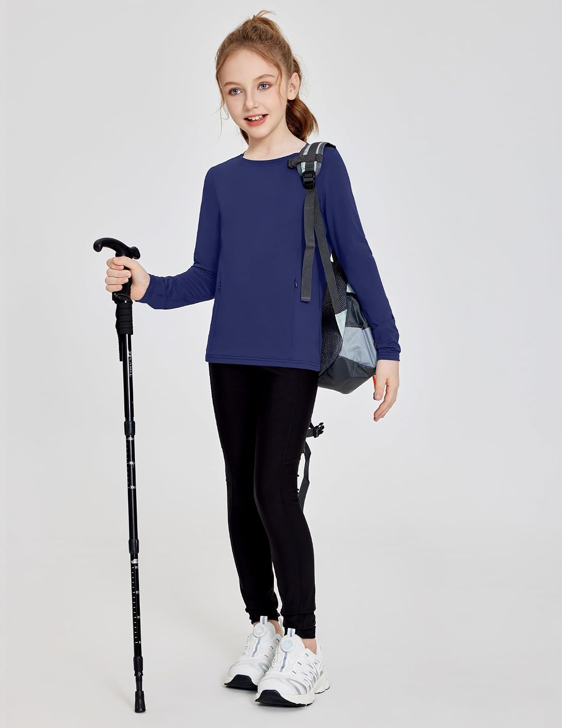 image:imageZaclotre Girls Athletic Long Sleeve Shirts with Zipper Pockets Performance fit for kids sports gym and outdoor activities Activewear tops Features breathability and moisture wickingNavy Blue