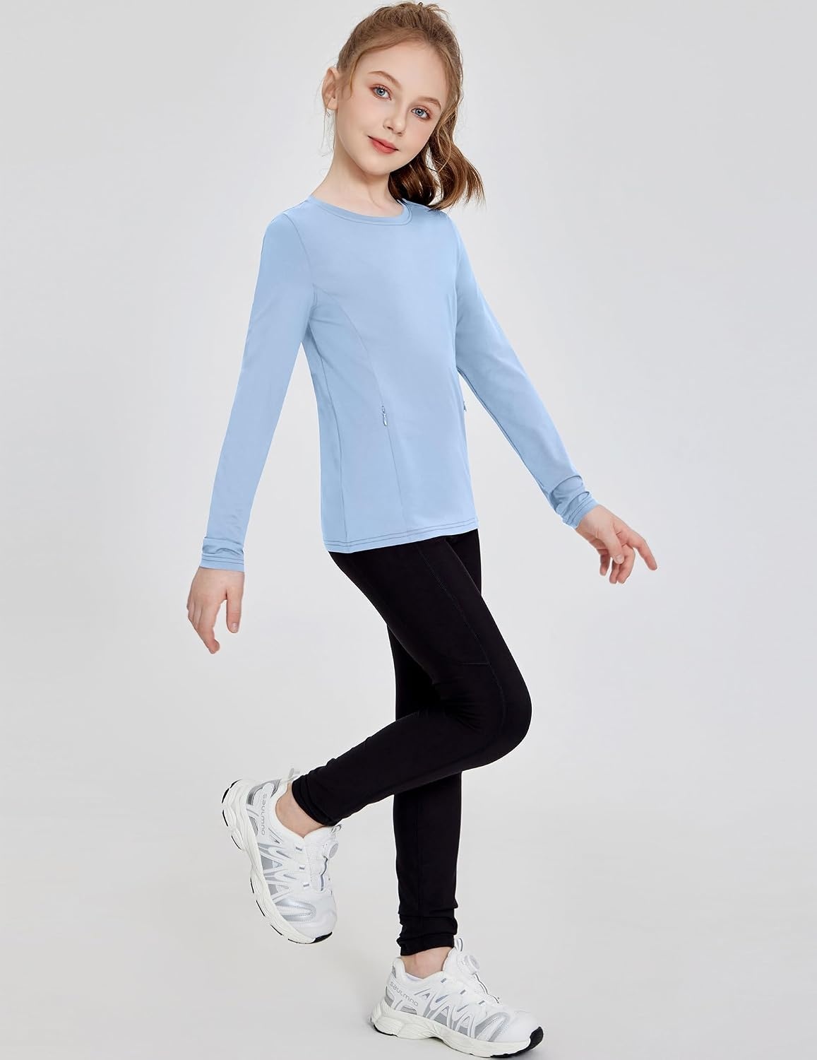 image:imageZaclotre Girls Athletic Long Sleeve Shirts with Zipper Pockets Performance fit for kids sports gym and outdoor activities Activewear tops Features breathability and moisture wickingLight Blue