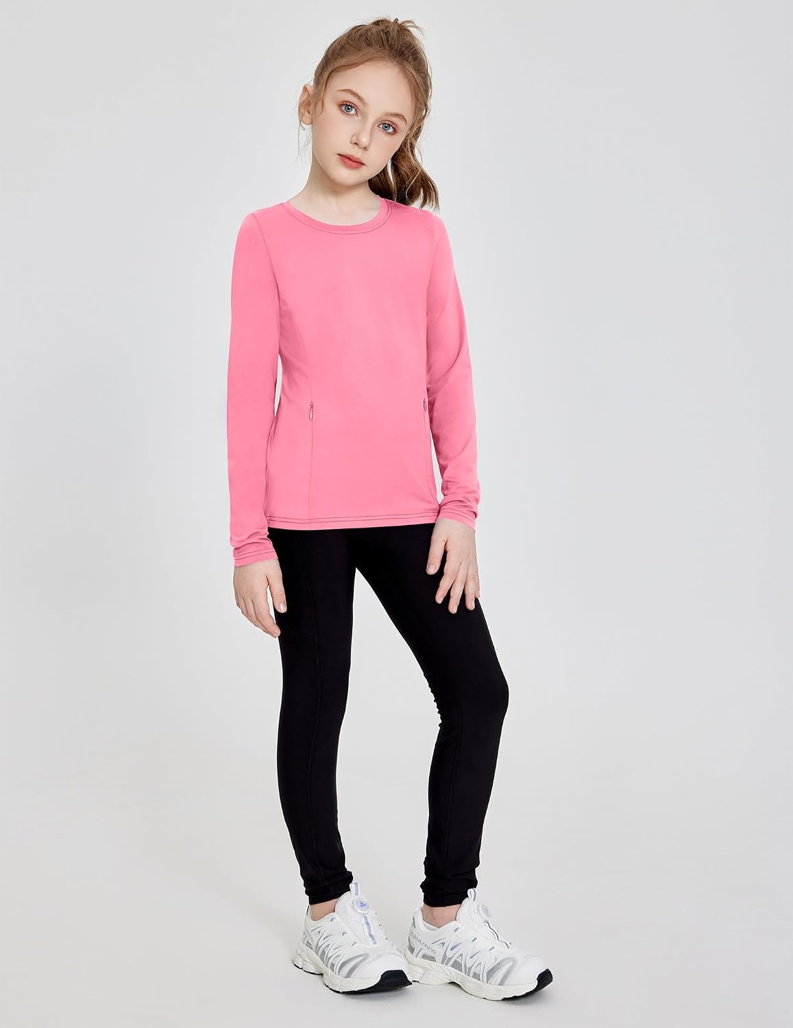 image:imageZaclotre Girls Athletic Long Sleeve Shirts with Zipper Pockets Performance fit for kids sports gym and outdoor activities Activewear tops Features breathability and moisture wickingRose Pink
