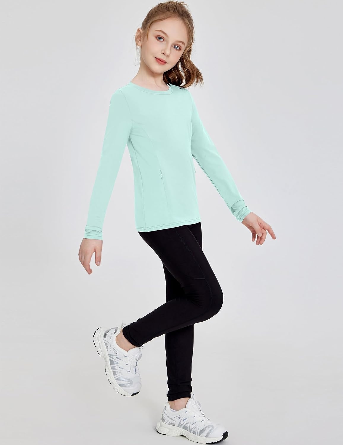 image:imageZaclotre Girls Athletic Long Sleeve Shirts with Zipper Pockets Performance fit for kids sports gym and outdoor activities Activewear tops Features breathability and moisture wickingAqua