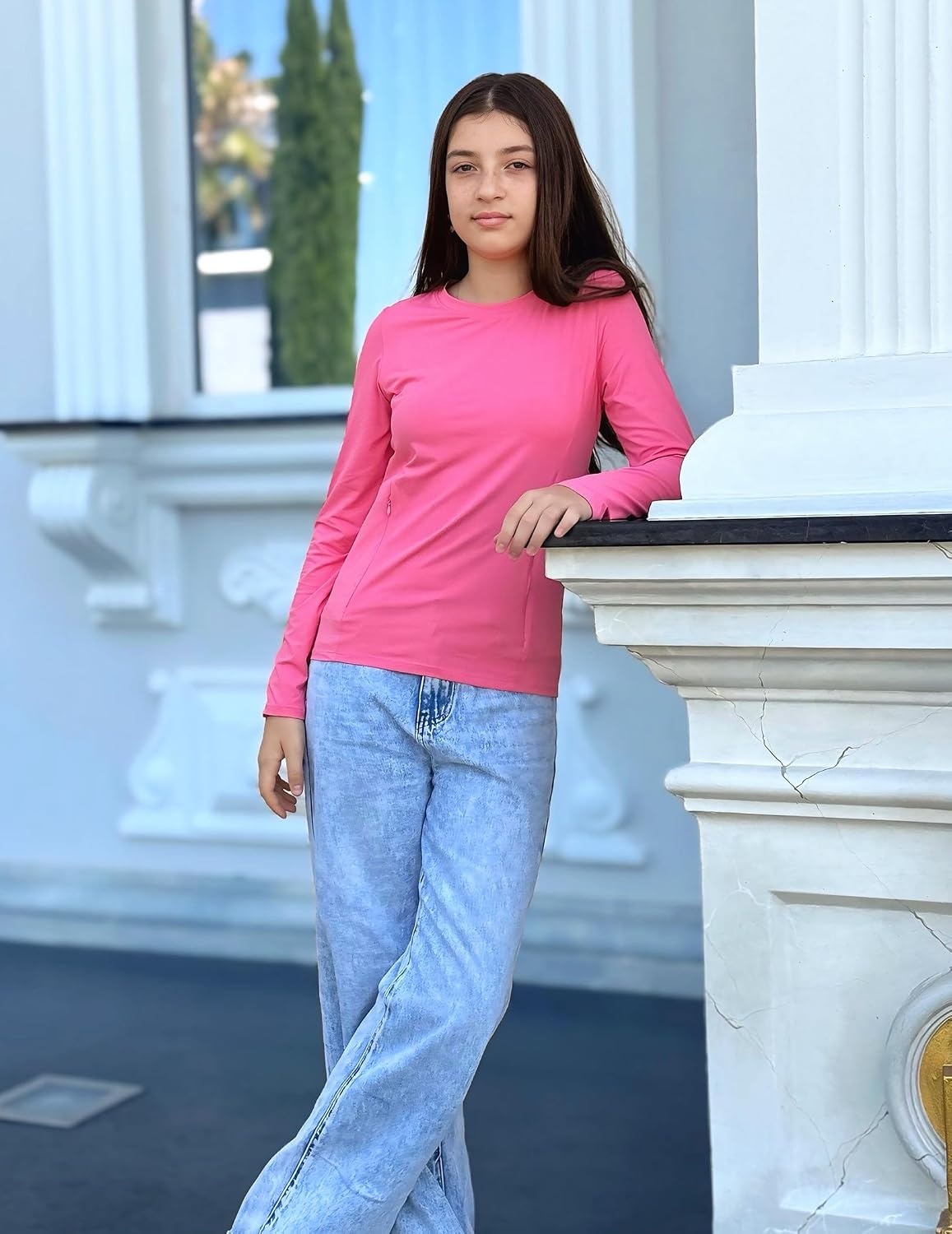 image:imageZaclotre Girls Athletic Long Sleeve Shirts with Zipper Pockets Performance fit for kids sports gym and outdoor activities Activewear tops Features breathability and moisture wickingRose Pink