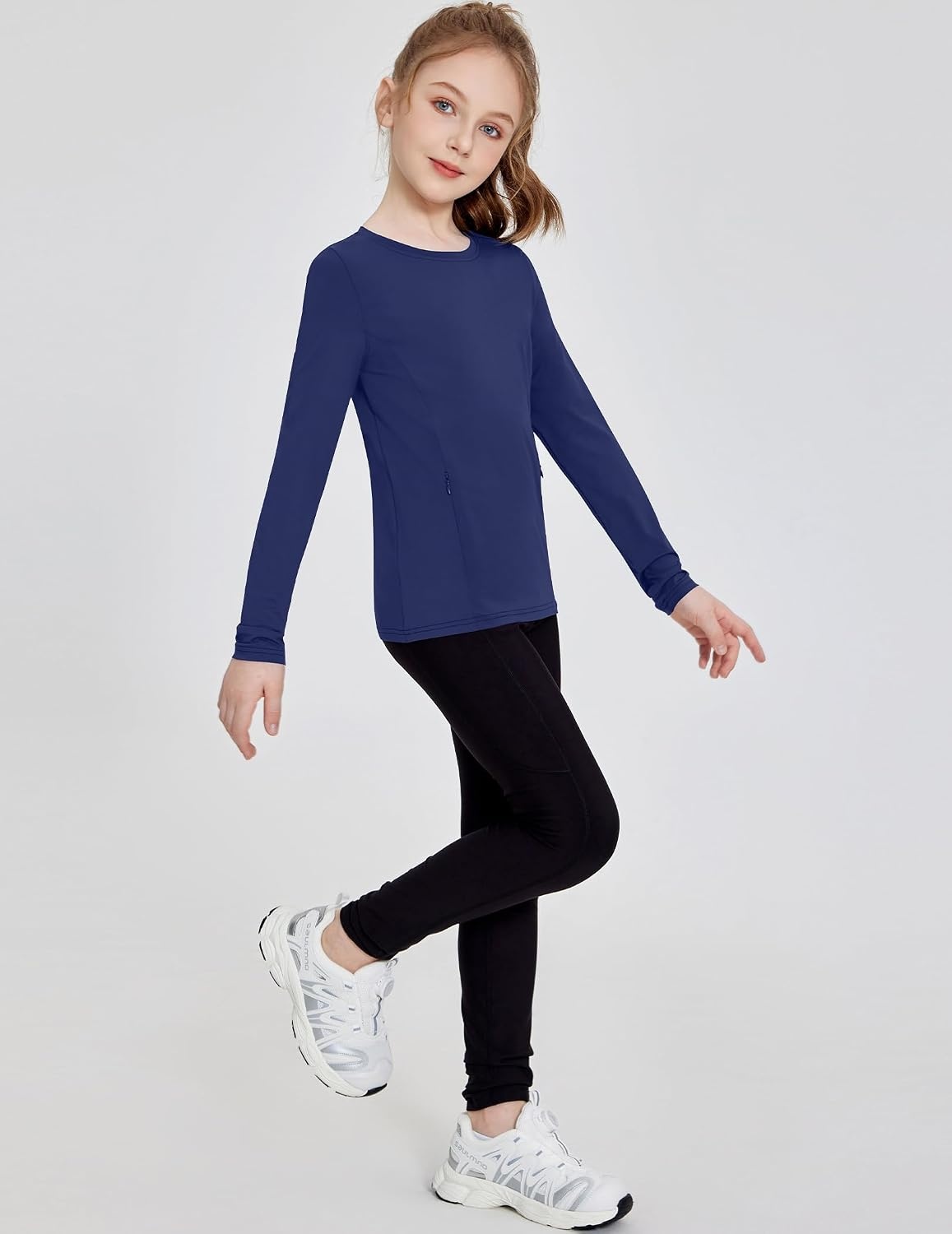 image:imageZaclotre Girls Athletic Long Sleeve Shirts with Zipper Pockets Performance fit for kids sports gym and outdoor activities Activewear tops Features breathability and moisture wickingNavy Blue