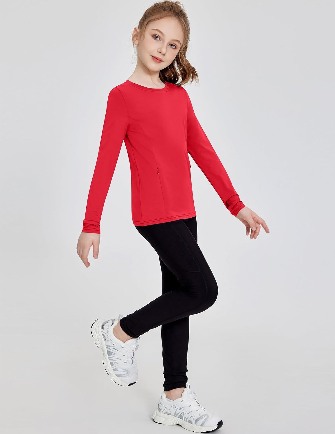 image:imageZaclotre Girls Athletic Long Sleeve Shirts with Zipper Pockets Performance fit for kids sports gym and outdoor activities Activewear tops Features breathability and moisture wickingRed