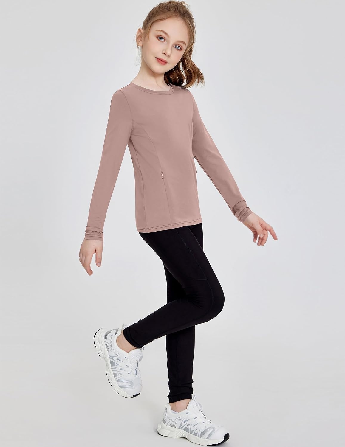 image:imageZaclotre Girls Athletic Long Sleeve Shirts with Zipper Pockets Performance fit for kids sports gym and outdoor activities Activewear tops Features breathability and moisture wickingKhaki