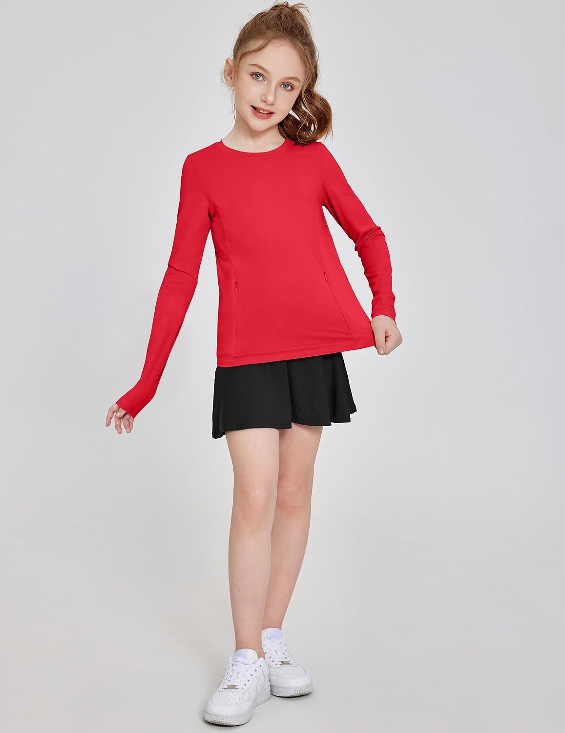 image:imageZaclotre Girls Athletic Long Sleeve Shirts with Zipper Pockets Performance fit for kids sports gym and outdoor activities Activewear tops Features breathability and moisture wickingRed