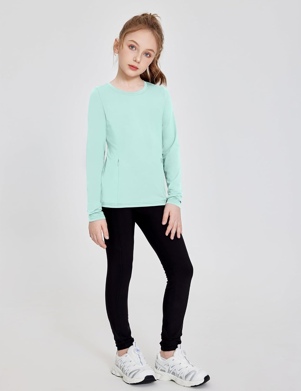image:imageZaclotre Girls Athletic Long Sleeve Shirts with Zipper Pockets Performance fit for kids sports gym and outdoor activities Activewear tops Features breathability and moisture wickingAqua