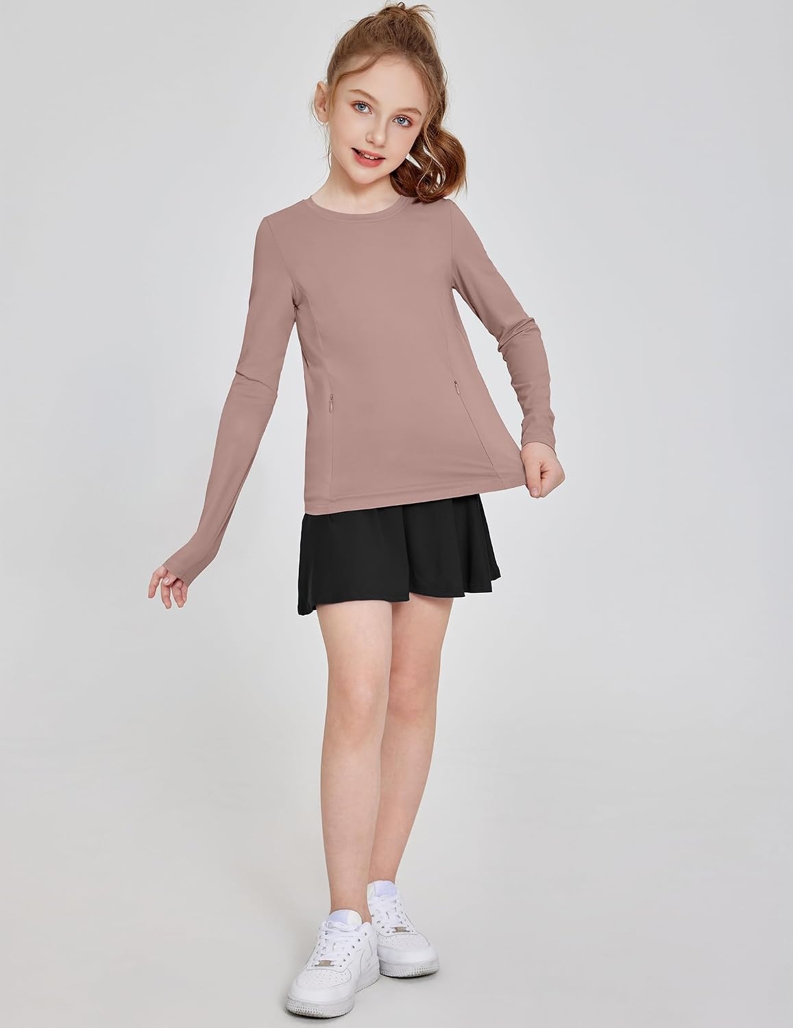 image:imageZaclotre Girls Athletic Long Sleeve Shirts with Zipper Pockets Performance fit for kids sports gym and outdoor activities Activewear tops Features breathability and moisture wickingKhaki