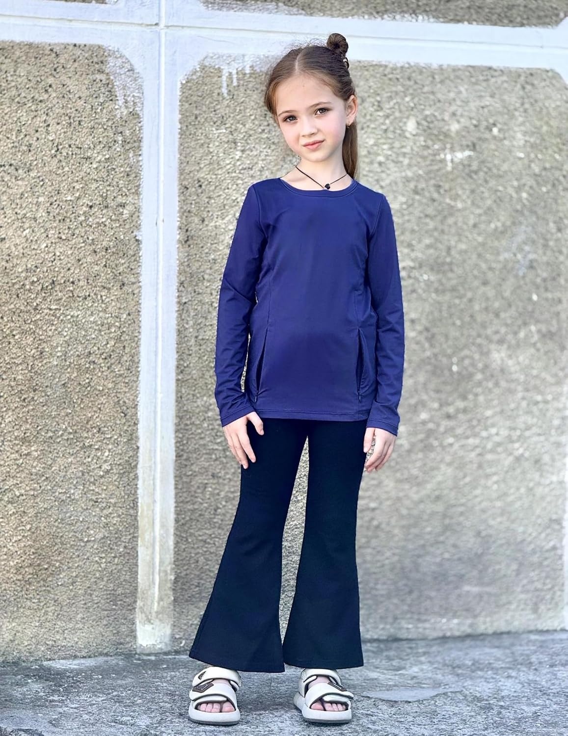 image:imageZaclotre Girls Athletic Long Sleeve Shirts with Zipper Pockets Performance fit for kids sports gym and outdoor activities Activewear tops Features breathability and moisture wickingNavy Blue