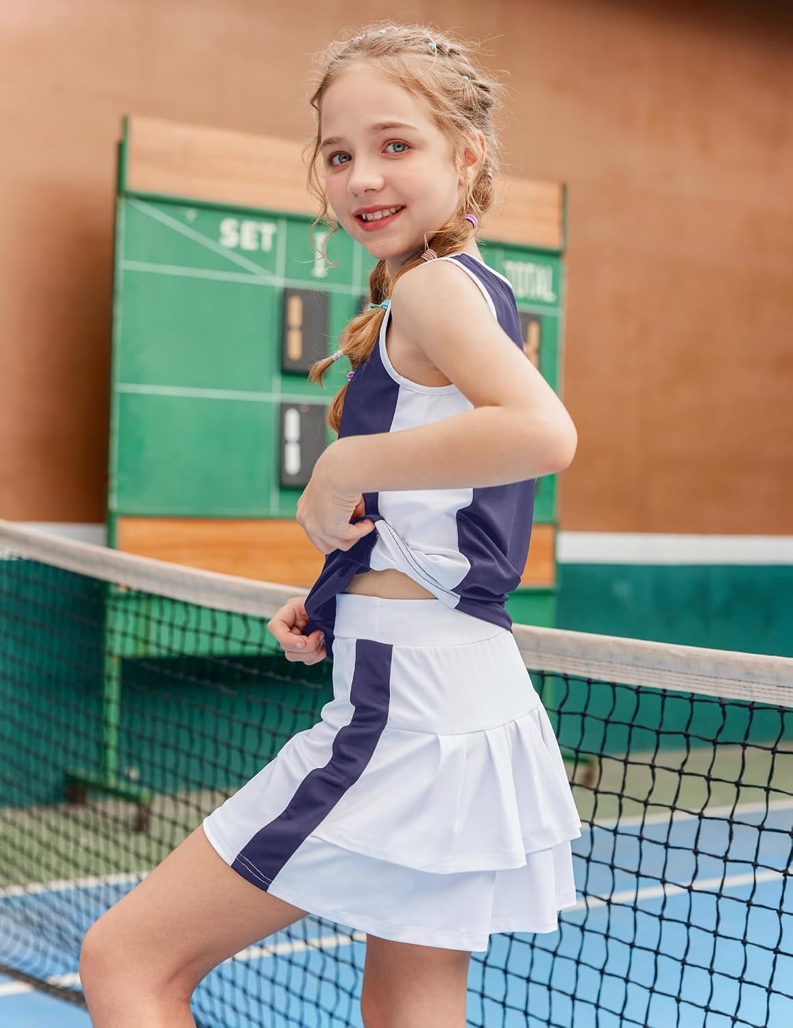 image:imageZaclotre Girls Tennis Dress with Pockets Sleeveless Tank Top and Skirt Sets 2 Piece Set Sleeveless with Shorts Double Layers Pleated Back Perfect for Athletic Tennis Golf 314 YearsNavy Blue