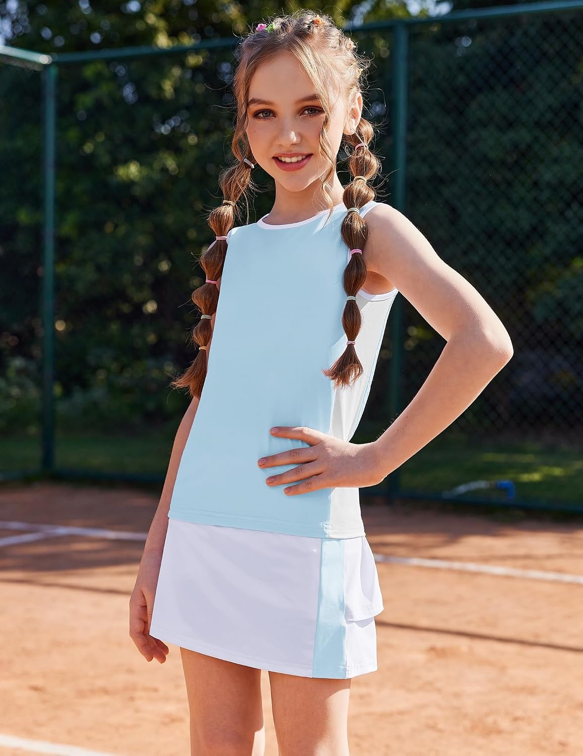 image:imageZaclotre Girls Tennis Dress with Pockets Sleeveless Tank Top and Skirt Sets 2 Piece Set Sleeveless with Shorts Double Layers Pleated Back Perfect for Athletic Tennis Golf 314 YearsLight Blue