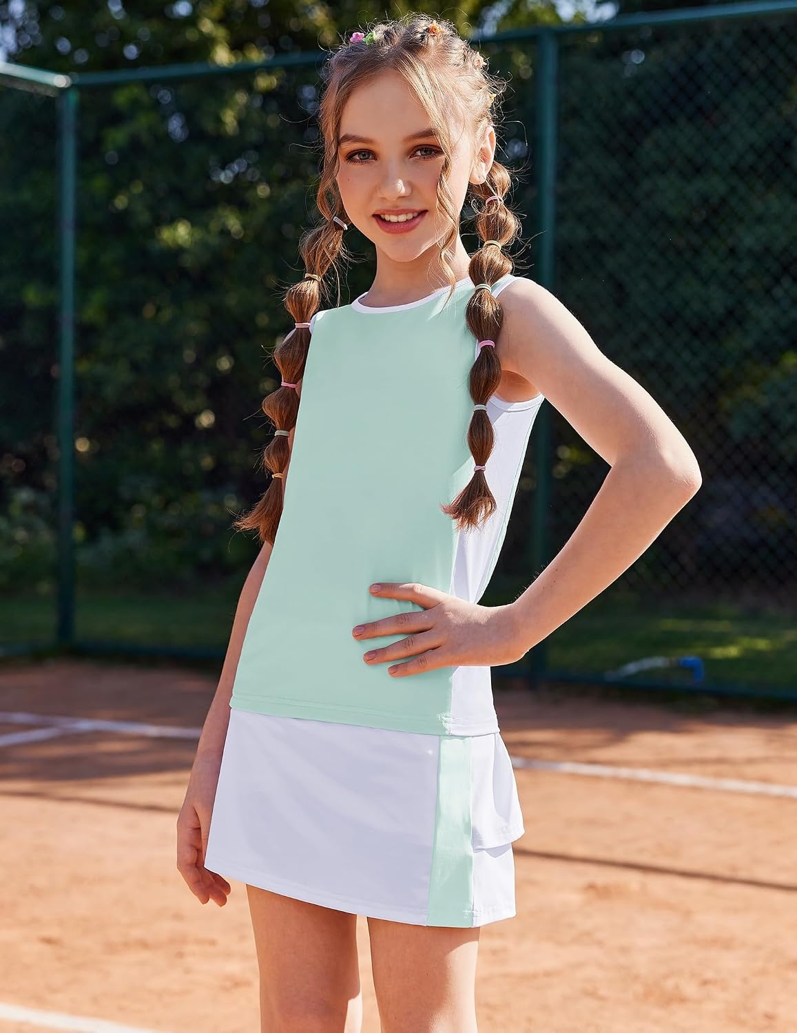 image:imageZaclotre Girls Tennis Dress with Pockets Sleeveless Tank Top and Skirt Sets 2 Piece Set Sleeveless with Shorts Double Layers Pleated Back Perfect for Athletic Tennis Golf 314 YearsAqua Blue
