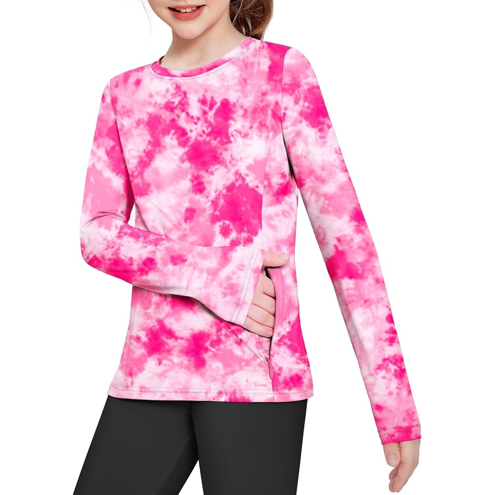 image:imageZaclotre Girls Athletic Long Sleeve Shirts with Zipper Pockets Performance fit for kids sports gym and outdoor activities Activewear tops Features breathability and moisture wickingRose Tie Dye