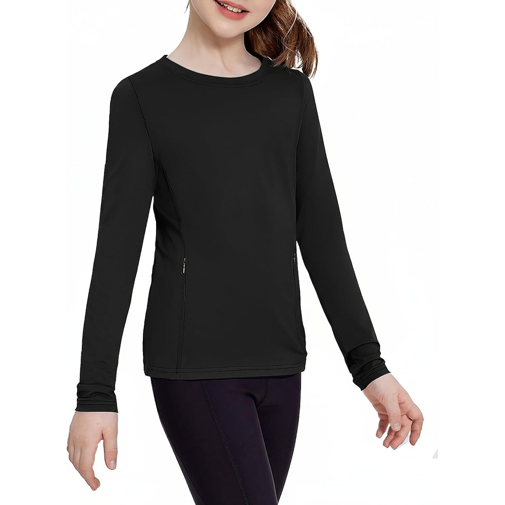 image:imageZaclotre Girls Athletic Long Sleeve Shirts with Zipper Pockets Performance fit for kids sports gym and outdoor activities Activewear tops Features breathability and moisture wickingBlack
