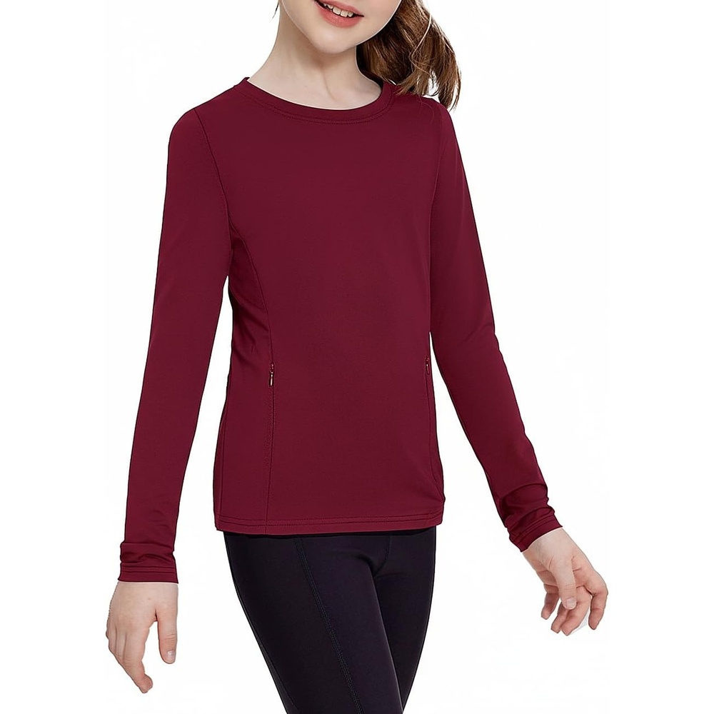 image:imageZaclotre Girls Athletic Long Sleeve Shirts with Zipper Pockets Performance fit for kids sports gym and outdoor activities Activewear tops Features breathability and moisture wickingDeep Burgundy